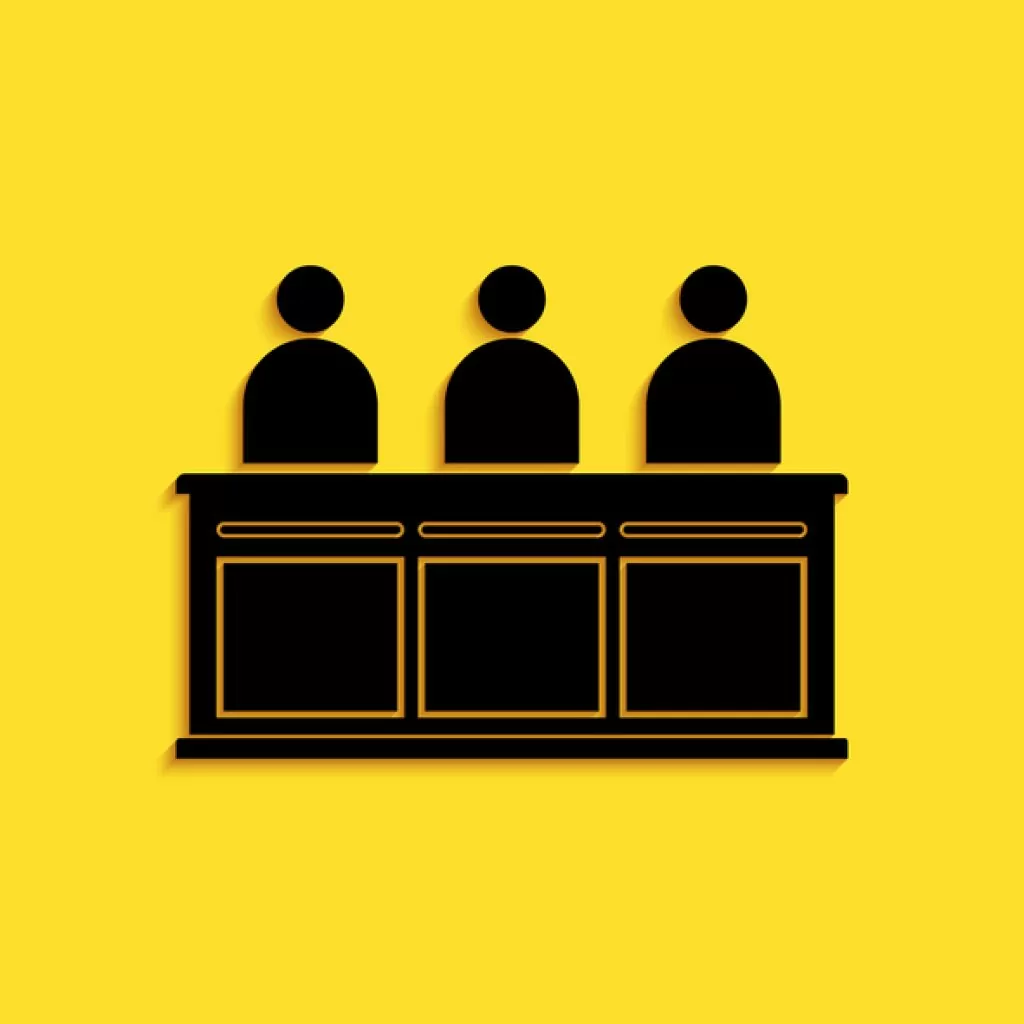 graphic of three jurors in silhouette seated in a courtroom; court-martial panel selection