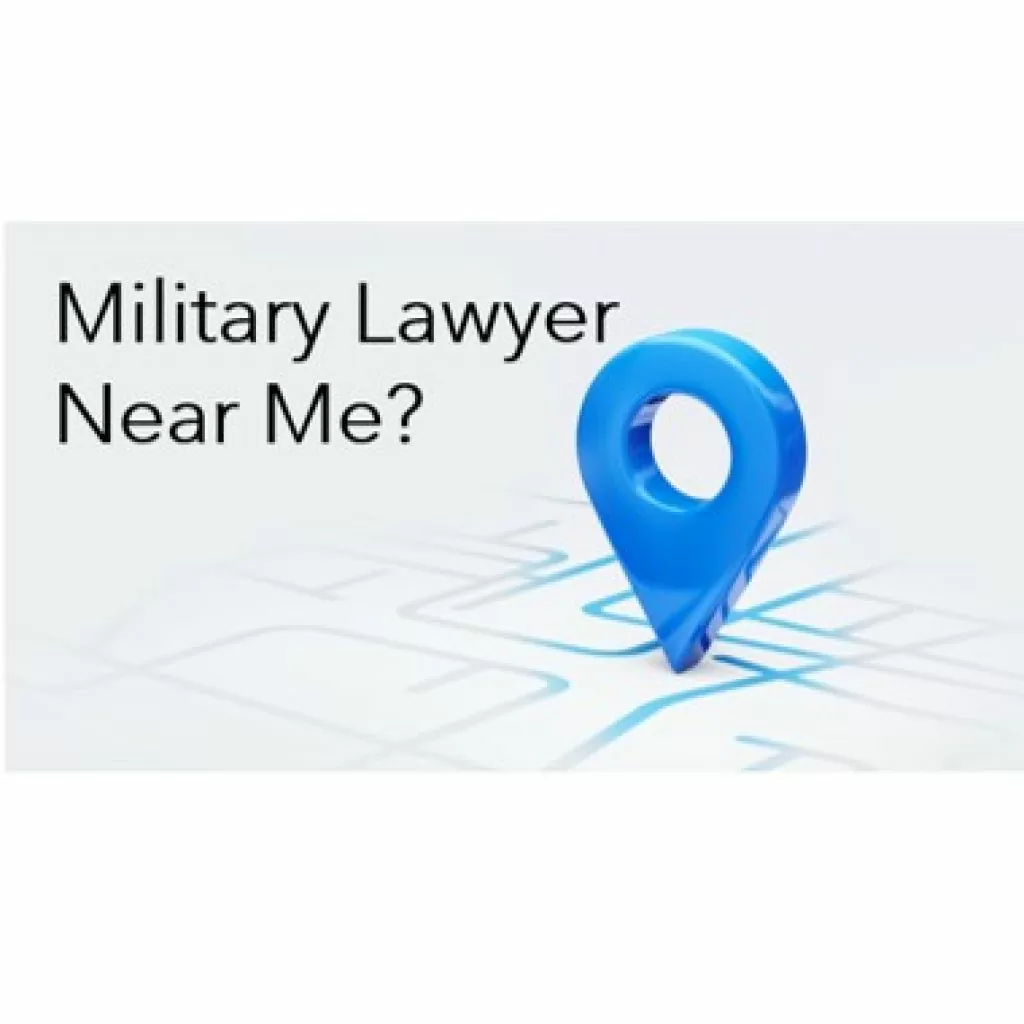 Graphic for an article about a military lawyer near me showing a location symbol on a map overlaid with the words military lawyer near me