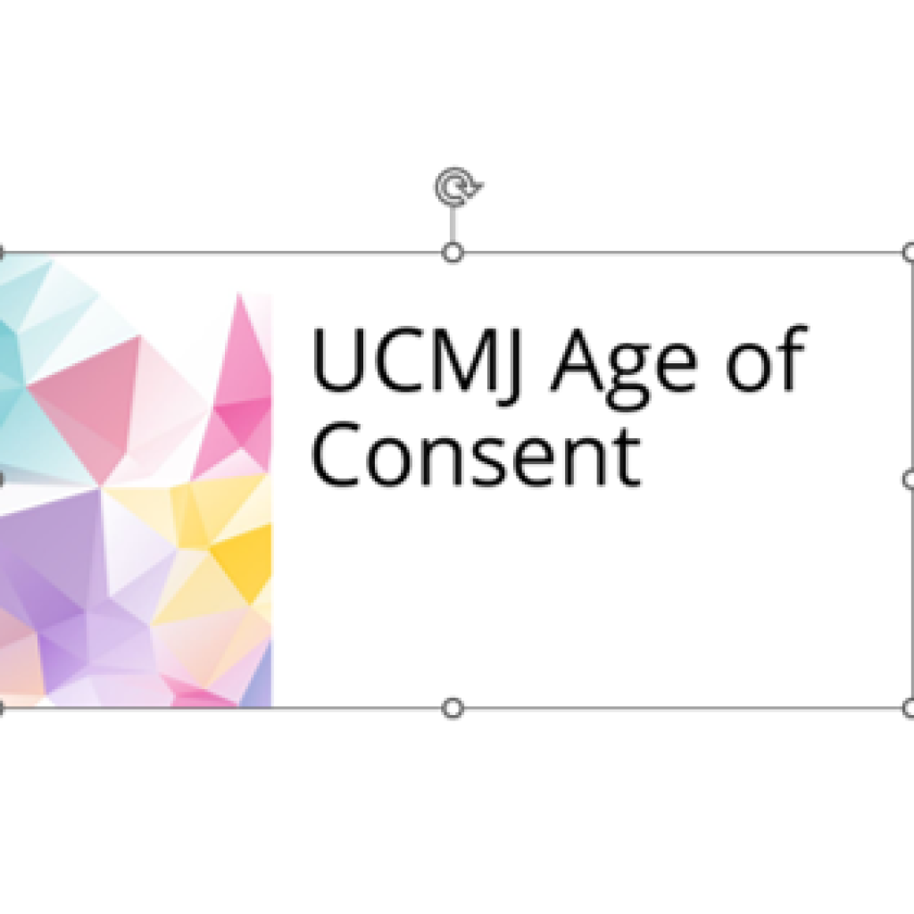 Graphic with the words UCMJ Age of Consent geometric shapes in pastel colors